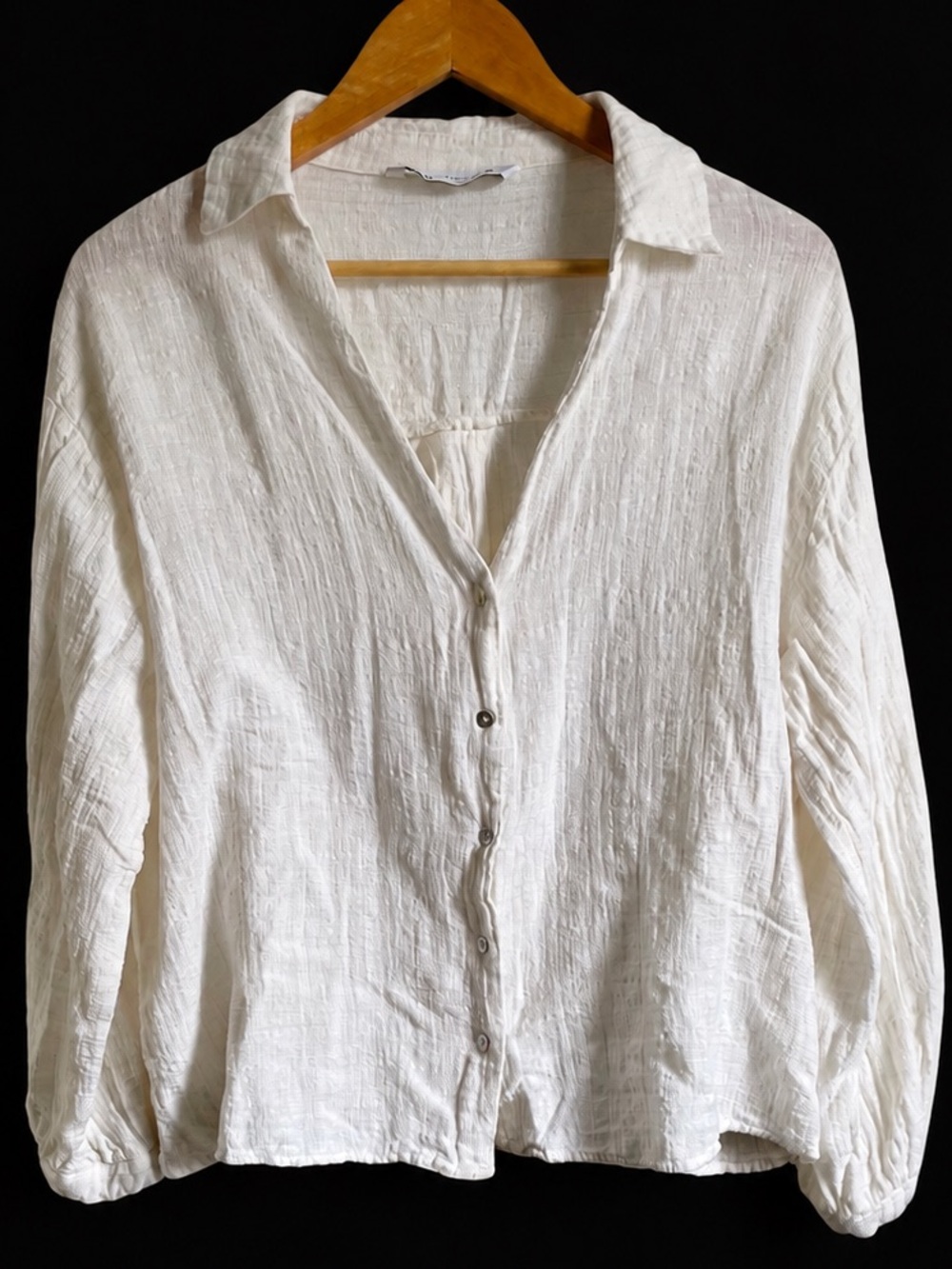 Zara Ivory Gold Metallic Textured Button Blouse XL Coastal Boho Resort Shirt